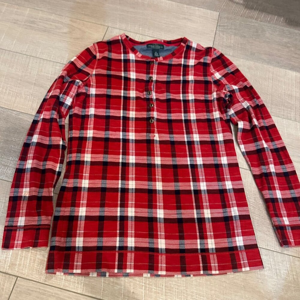 RALPH LAUREN JEANS RED HENLEY LONG SLEEVE SHIRT WOMENS MEDIUM